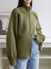 Dazy-Less Zippered Standing Collar Cardigan,Long Sleeve Tops Old Money Style,Fall Clothes Business Casual Woman Work Clothes Jacket - Army Green - View 8