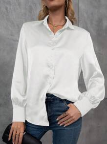 EMERY ROSE Áo sơ mi satin dài tay màu trơn cho trang phục dự tiệc ngày lễ - trắng - Xem 4