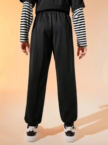 SHEIN Teen Boys' Casual Comfortable Printed Drawstring Waist Jogger Pants - Black - View 2