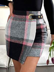 EURMUSE Plaid Wrap Style Skirt - Beige - View 3