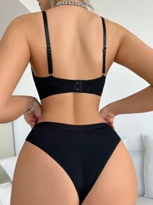 Women's Contrast Mesh Lingerie Set (Seamless Bra & Briefs) Set Combination - Black - View 2