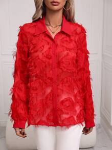 SHEIN Clasi 女磨邊純色燈籠袖襯衫 - 紅色 - 查看 4