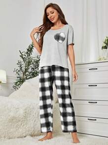 Conjunto De Pijama A Cuadros Con Corazones Para Mujeres