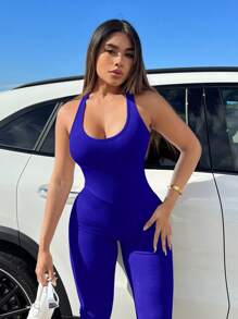 SHEIN SXY Backless Crisscross Straps Tight Jumpsuit - Royal Blue - View 3