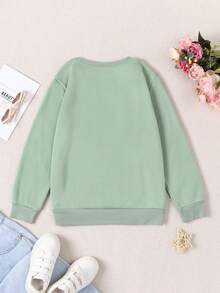 SHEIN 女童數字印花圓領運動衫,春秋季節適用 - 綠色 - 查看 2