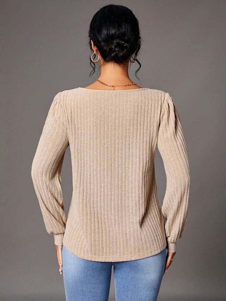 Solid Color Button Decor Long Sleeve Casual T-shirt