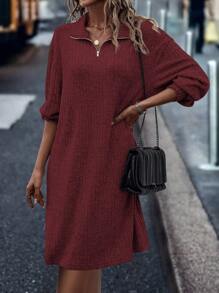 SHEIN LUNE Solid Color Lapel Dress - Burgundy - View 4