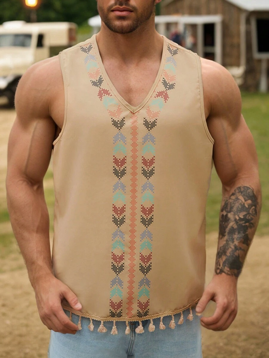 SHEIN 寬鬆版型男士幾何印花無袖襯衫 - 卡其色 - 查看 1