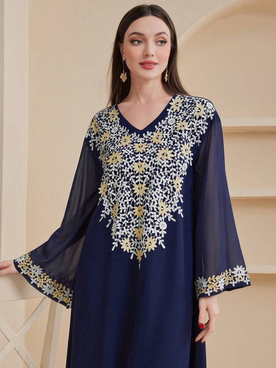 Al Najma Women's Mesh Splice Floral Print Loose Long Sleeve Jalabiya Dress - Blue - View 1