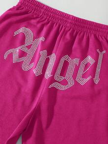 SHEIN Unity 女式鑽石及字母印花運動褲,帶彈性口袋 - 玫紅色 - 查看 5