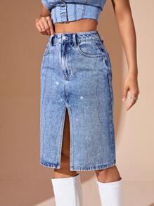 SHEIN BAE Women'S Denim Skirt With Split And Rhinestone Deco - Light Wash - View 6