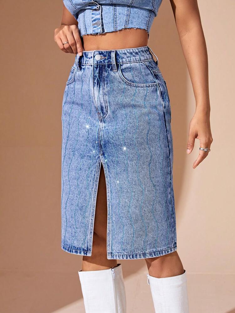 Women'S Denim Skirt With Split And Rhinestone Deco