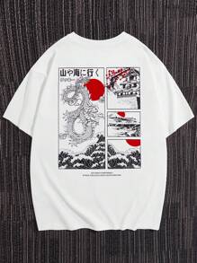 Manfinity RebelGame T-shirt estiva da uomo con grafica di lettere giapponesi e dragone