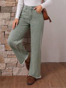 SHEIN LUNE 有磨損邊緣處理的牛仔褲 - 綠色 - 查看 6