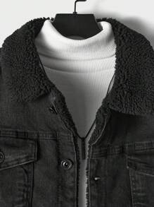 Men's Lamb Fleece Collar Long Sleeve Denim Jacket - Black - View 4