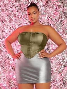 SHEIN SXY Plus Size Solid Color Strapless Top With Zipper & Asymmetrical Hemline