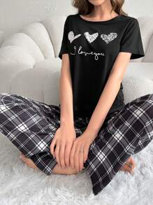 Heart & Letter Embossed T-Shirt And Plaid Long Pants Pajama Set - Black - View 6