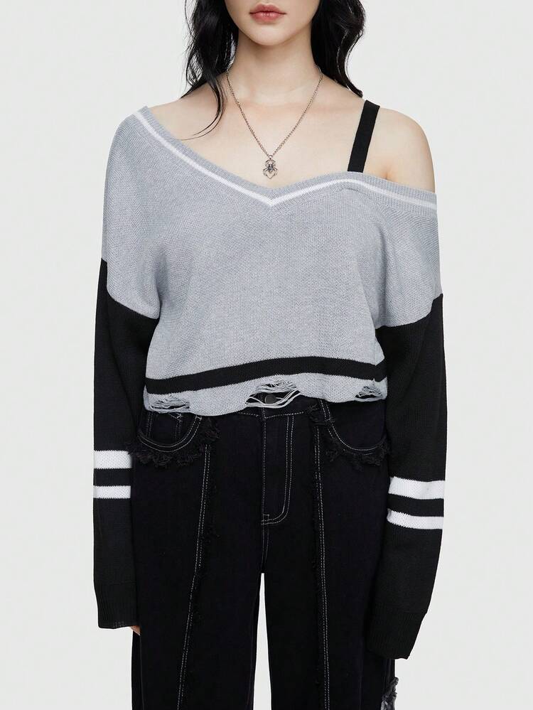 College Style Color Block V-Neck Sweater With Drop Shoulder And Long Sleeves