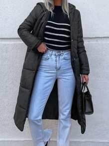 EURMUSE Zip Up Hooded Puffer Coat - Black - View 7