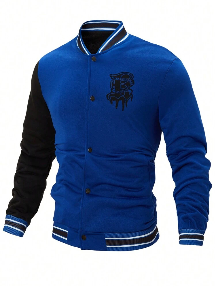 Men's Color Block Baseball Jacket With Letter Print