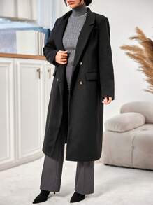 RueChic Áo khoác nữ màu trơn hai hàng khuy, thường ngày, thu/đông - màu đen - Xem 3