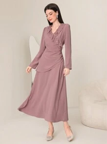 Modelyn Embroidered Mesh Ruffle Trim V-neck Long Sleeve Dress - Pink - View 5