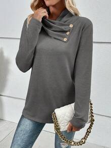 EMERY ROSE 休閒純色釦飾長袖T恤 - 深灰色 - 查看 5