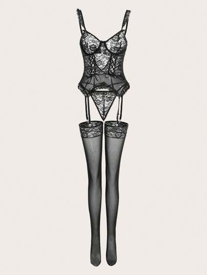 Bloemen Kanten Underwire Garter Corset Lingerie Set 1pair Stocking UnderwearOuter view 6