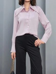 Anewsta Long Sleeve Satin Shirt - Pink - View 8
