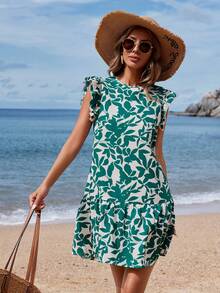 SHEIN VCAY Vestido Con Estampado De Hojas Y Dobladillo Con Volantes - Verde - Ver 5