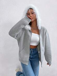 SHEIN Unity 毛領連帽衛衣 - 灰色 - 查看 6