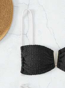 SHEIN Swim Summer Beach Women's Texture Fabric Hollow Out Two-Piece Bikini Set - Black and White - View 3
