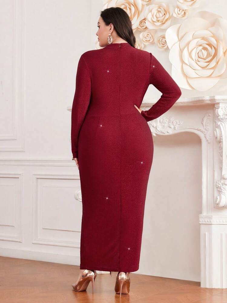 Burgundy Red Plus Size Solid Color Fringe Trim Slit Wrinkle Dress Long Evening Dresses