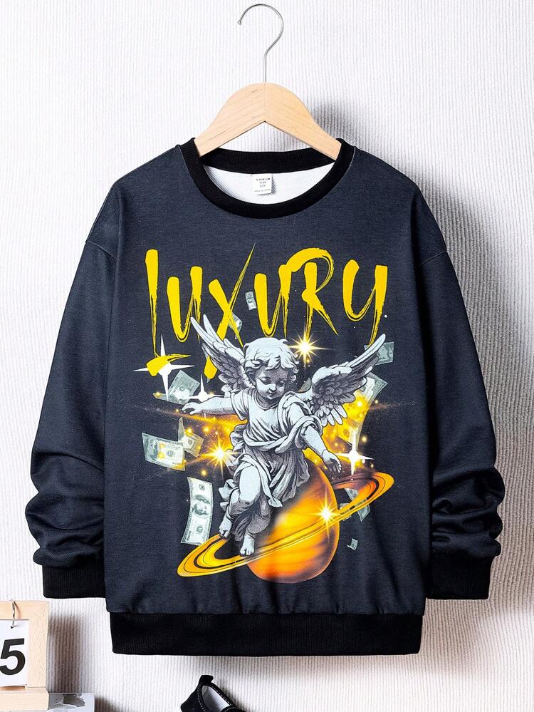 Boys' Leisure Loose Fit Knitted Sweatshirt With Round Neckline And Letter Print