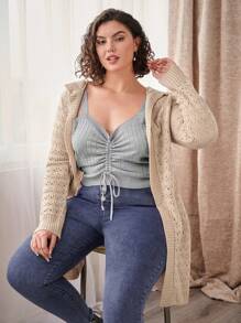 SHEIN LUNE Plus Size Knitted Hooded Cardigan With Polka Dots Pattern - Apricot - View 3
