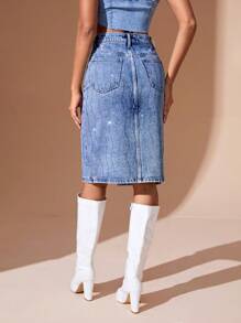 SHEIN BAE Women'S Denim Skirt With Split And Rhinestone Deco - Light Wash - View 2