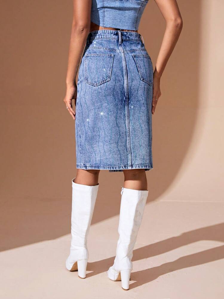 Women'S Denim Skirt With Split And Rhinestone Deco