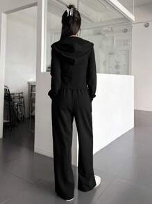 DAZY 女士纯色连帽休闲两件套运动服套装 女士家居服套装 - 黑色 - 查看 2