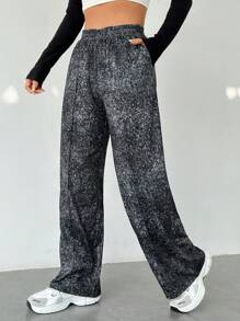 SHEIN EZwear 染色印花針織運動長褲 - 黑與白 - 查看 1