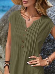 EMERY ROSE Women's Army Green Notched Neck Button Detail Slit Dress For Summer - Army Green - View 5