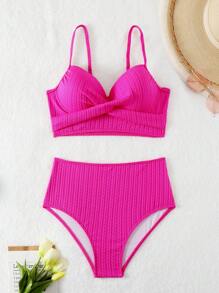 SHEIN Swim Women's Spaghetti Strap Bikini Summer - Hot Pink - View 4
