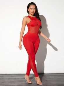 SHEIN SXY Women's Mesh Jumpsuit And Pants Two Piece Set - Red - View 5