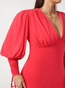 MOCHEI Designer Plus Plunging Neck Drawstring Sleeve Bodycon Elegant Dress, For Holiday, Party, Birthday Outfits, Festival, Wedding, Prom Dress - Red - View 4