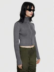 ROMWE Grunge Punk Outdoor Leisure Sporty Cropped Knit Cardigan - Grey - View 5