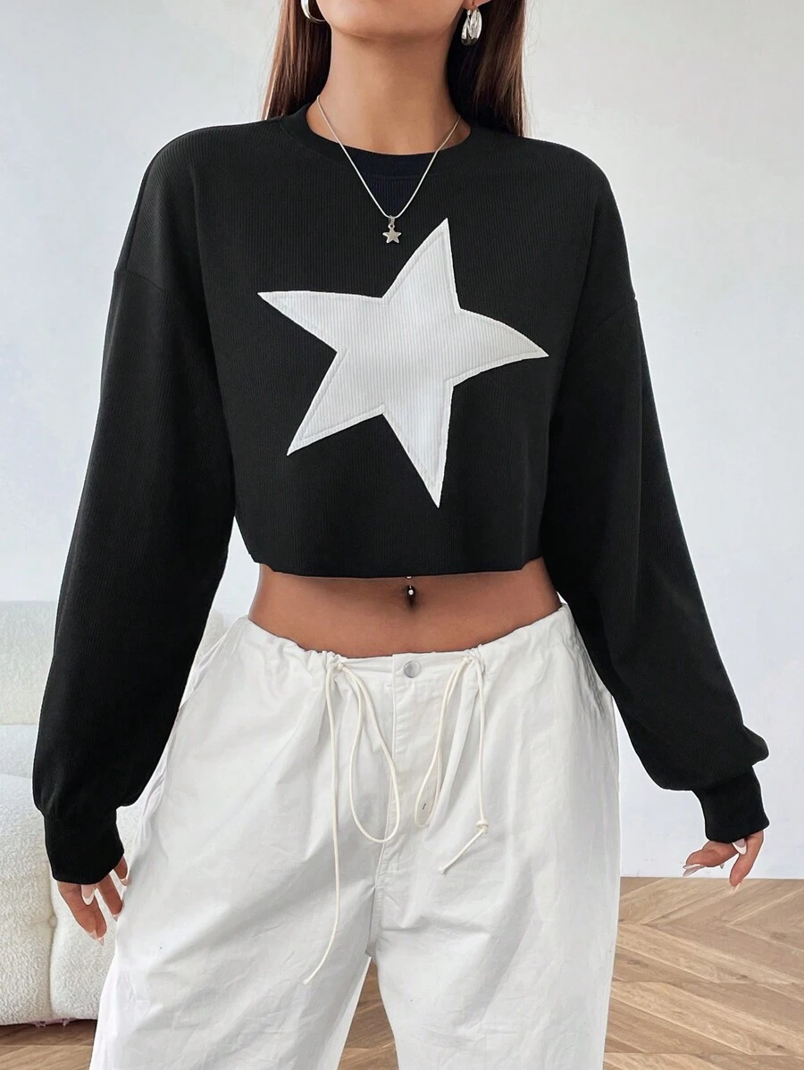 SHEIN EZwear 星星圖案短版休閒針織衫 - 黑與白 - 查看 1