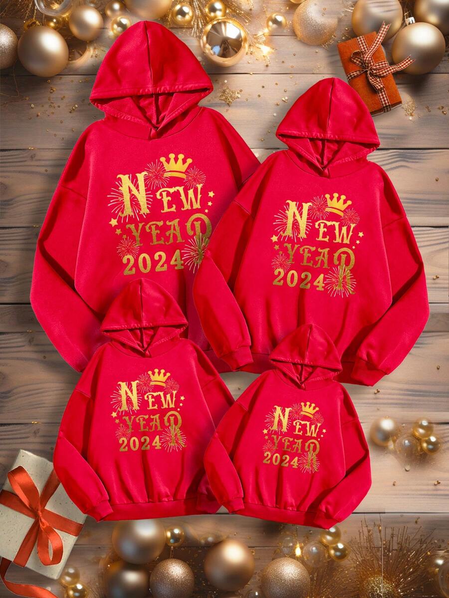 1 件補間男童休閒卡通印花長袖運動衫秋冬款,2024 新年快樂 - 紅色 - 查看 1