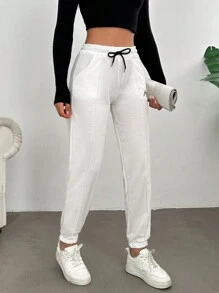 SHEIN Cottnline Women's Letter Embroidery Drawstring Waist Joggers - White - View 5