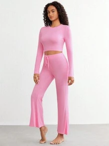 Ocili 女性純色上下裝家居服套裝 - 粉色 - 查看 3