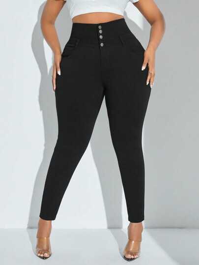 Flexra Plus Size Plain Color Button Fly Skinny Pants Fall Cloth For Women