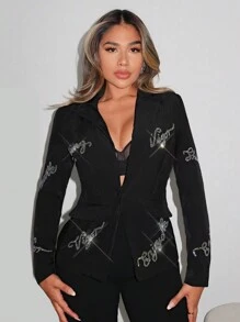 SHEIN SXY 水鑽字母圖案西裝外套 - 黑色 - 查看 1